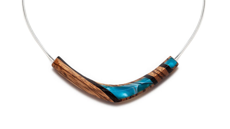 contemporary necklace in wood and turquoise acrylic