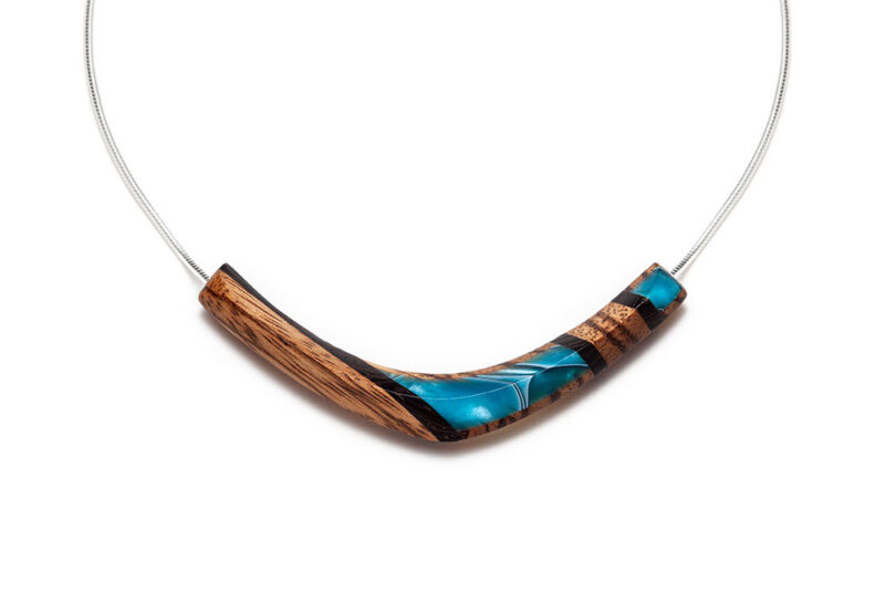 contemporary necklace in wood and turquoise acrylic