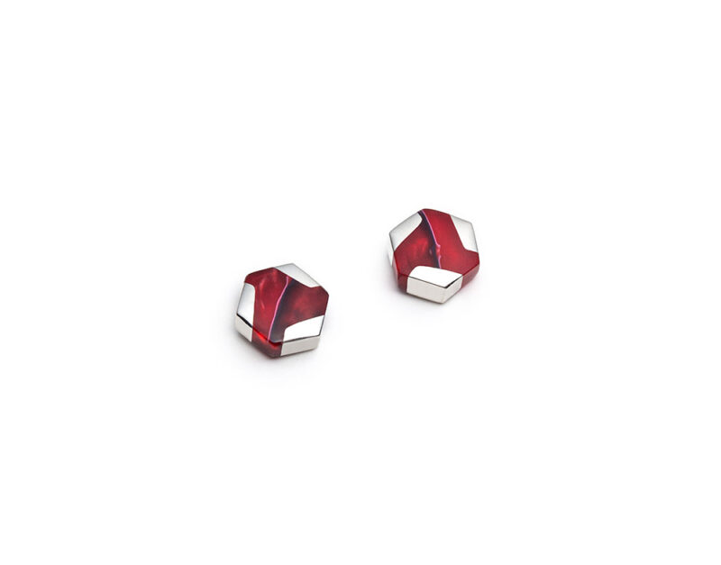 hexagonal silver red stud earrings