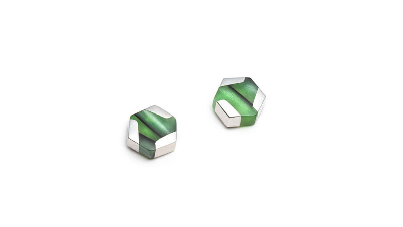 hexagonal green silver stud earrings