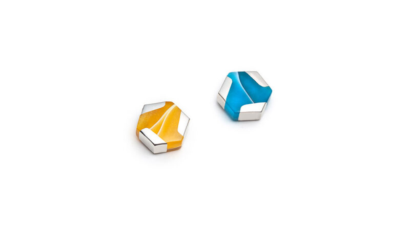 Yellow and turquoise mismatched mini hexagonal earrings