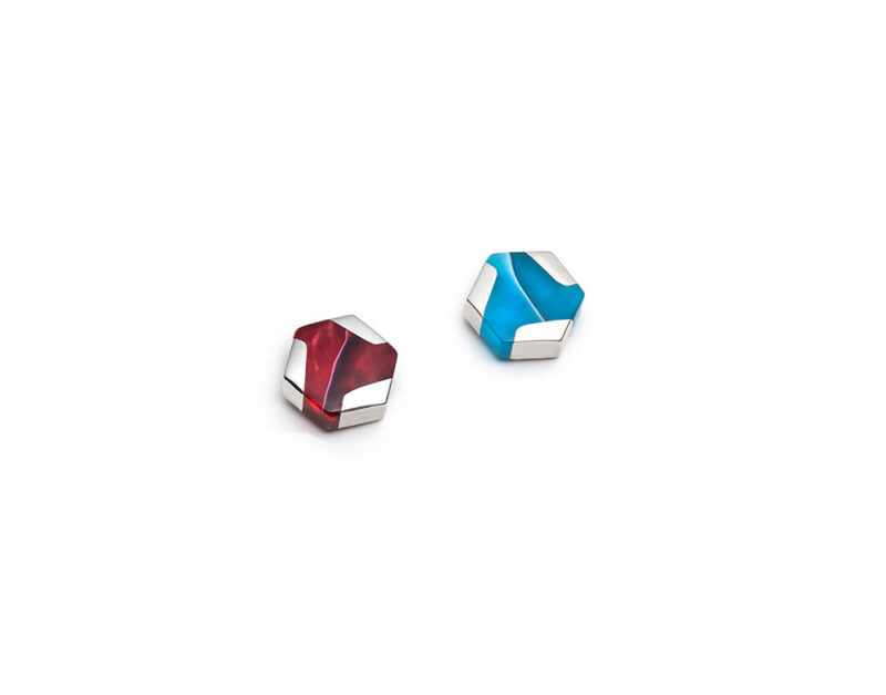 Red and turquoise mismatched mini hexagonal earrings